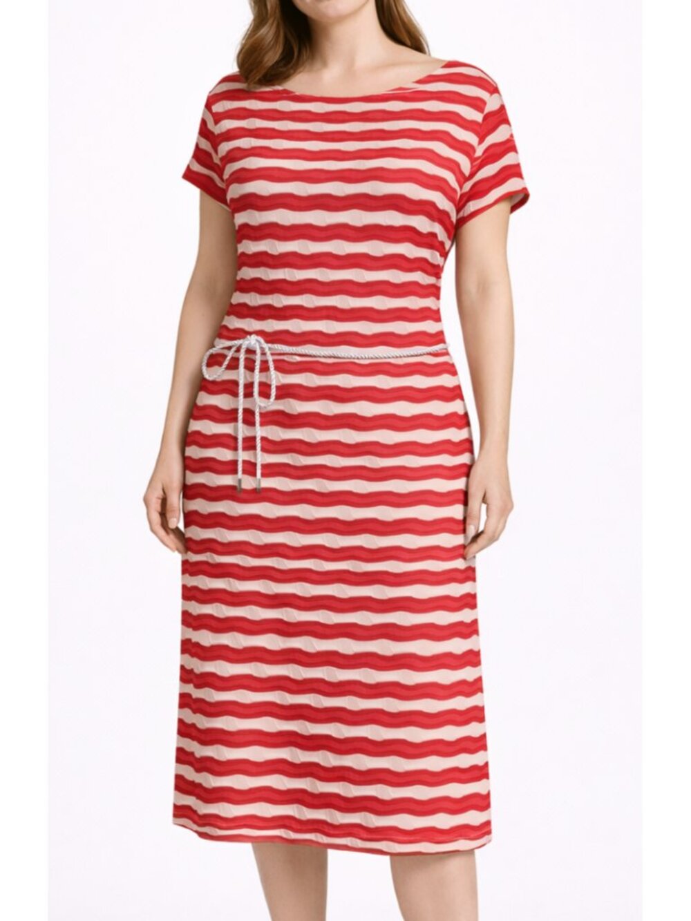 NWT Shargano Coral White Striped Belted Midi Dress Size 16